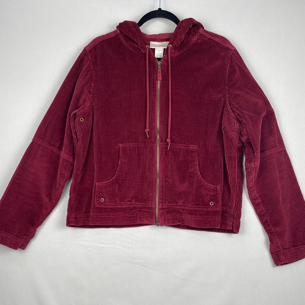 Real Comfort by Chadwick's Burgundy Corduroy Zip Up Hoodie Jacket Red Large
